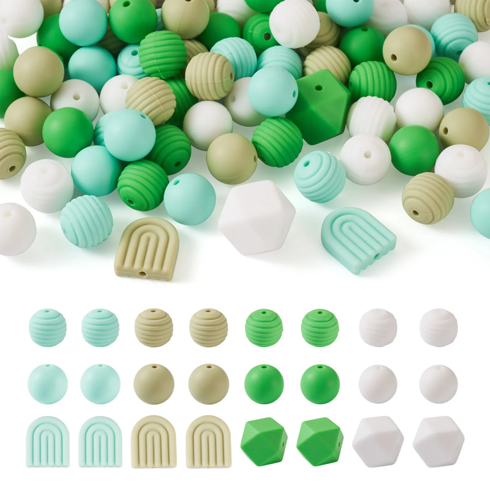 

88Pcs Green Mix Spiral Round Hexagon Rainbow Shape Silicone Loose Beads for DIY Nursing Necklaces Bracelets Keychain Making Gift