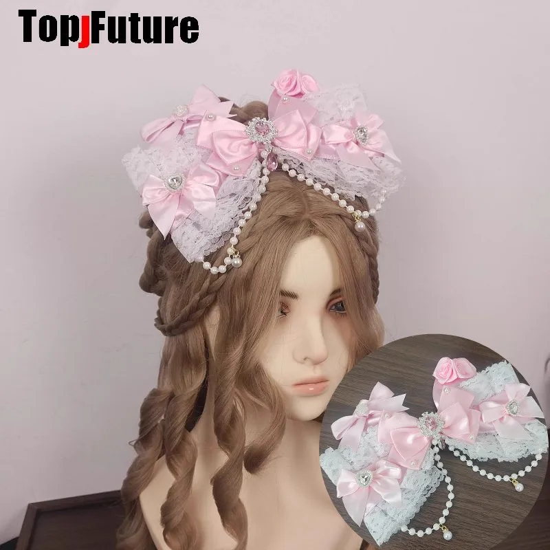 

Японская заколка для волос в стиле Харадзюку, Y2K, готика, стимпанк, розовая, с жемчугом, кружевом, бусинами, цепочкой, розой, для девушек и женщин