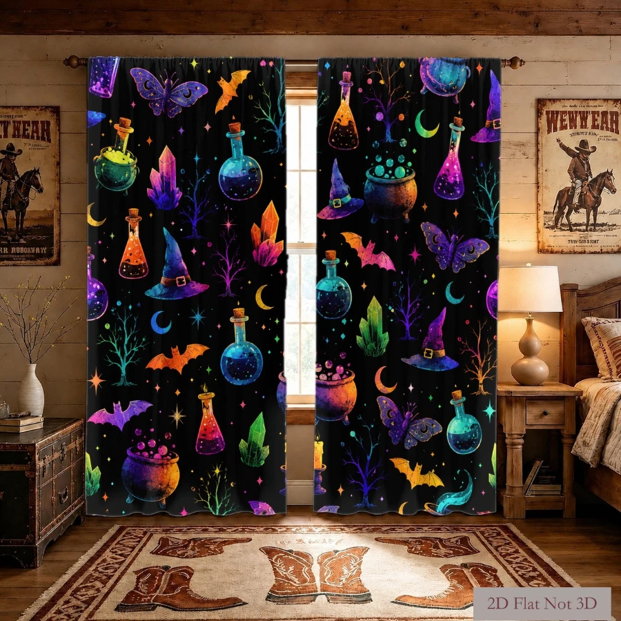 2PCS Digital Printed Curtains, Rainbow Magic Potions Witch Hats Crystals, Neon Colorful Witchcraft Window Decor Gothic Room