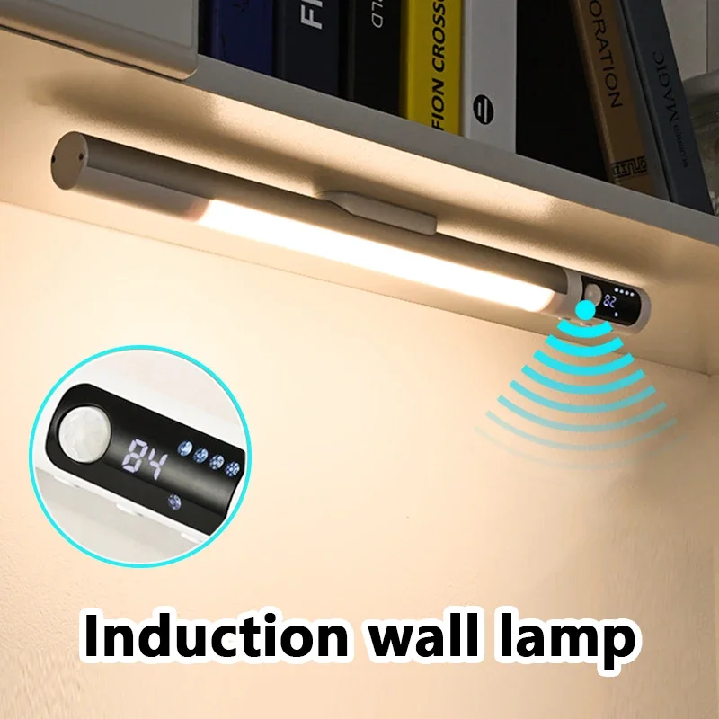 Digital Display Induction Wall Lamp USB Rechargeable 3 Colors Adjustable Touch Control Cabinet Light for Kitchen Bedroom