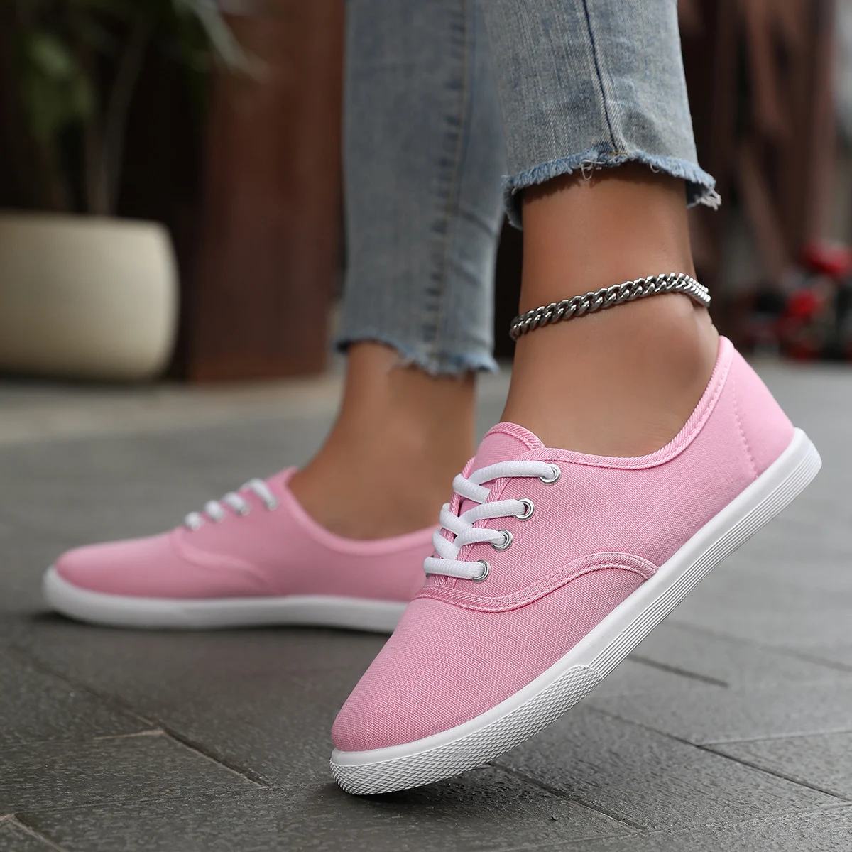 Women's Solid Color Canvas Sneakers, Simple Style Lace-Up Flat Walking Shoes, Casual Lightweight Student Shoes image 5