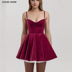 2024 Sexy Wine Red Velvet Corset Style Sling Mini Dress Women Lace V Low Chest 2 layers Lining Hem Ball Gown Swing Party Robe