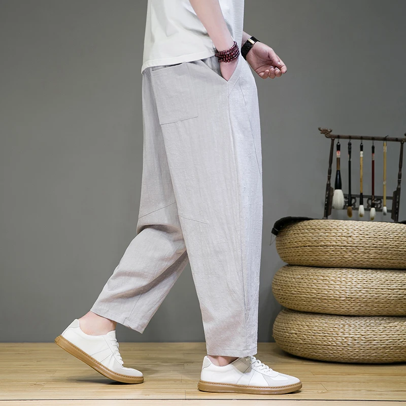 Chinese Style Summer Pants for Men Breathable Cotton Linen Casual Pants Comfortable Loose Wide Leg Pants Linen Harem Pants