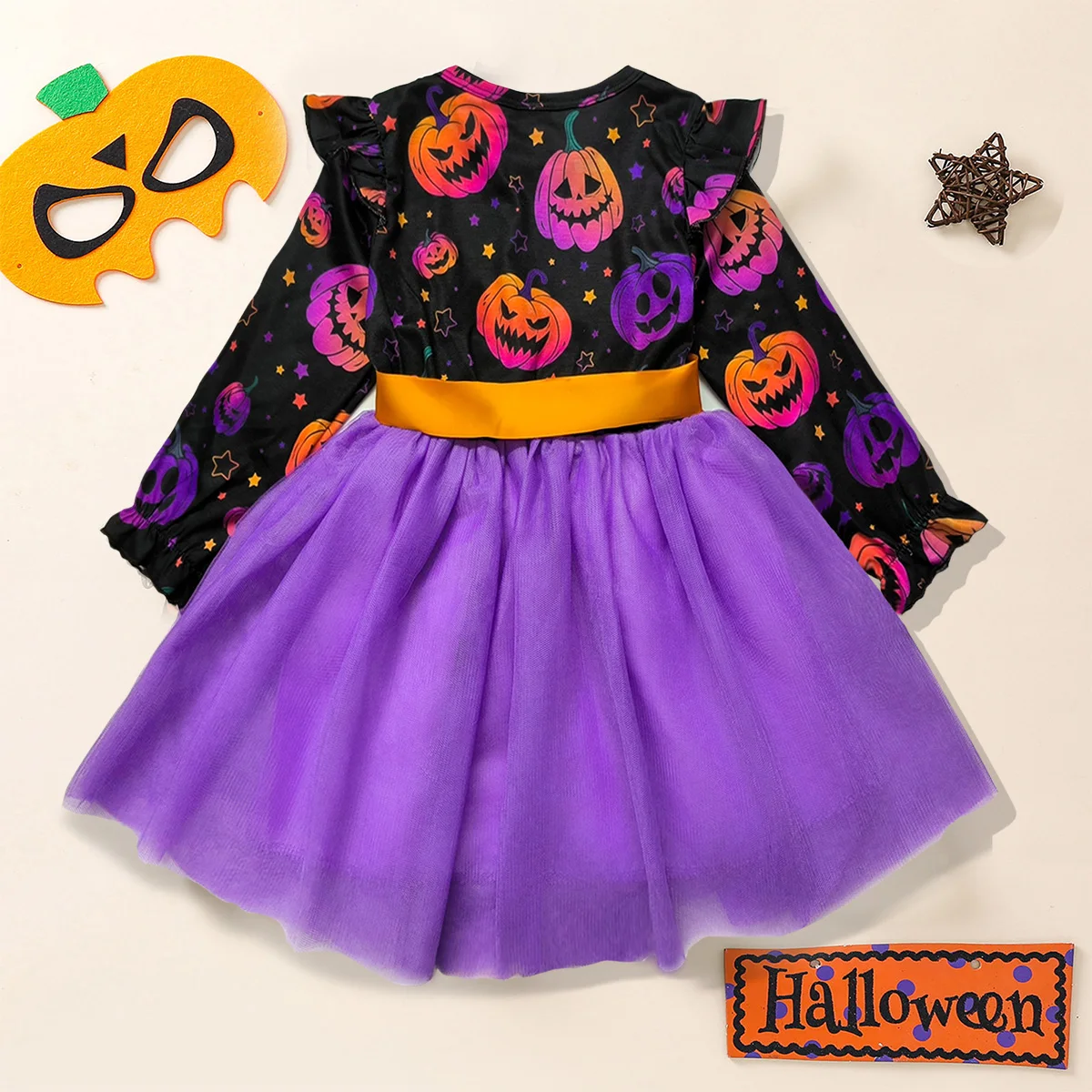 Children Halloween Clothes Girl Dresses Pumpkin Ghost Face Pattern Long Sleeved Girls Party Dresses 2-8Y Halloween Costume