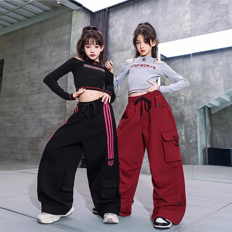 Novos trajes de dança moderna jazz para meninas preto cinza colheita topos calças largas terno adolescentes crianças hip hop dança rua roupas palco