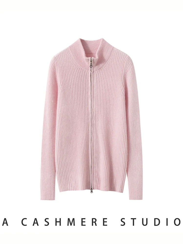 Addonee feminino 100% camisola de caxemira mock neck fino zíper cardigan casaco outono inverno grosso quente estilo simples casaco de caxemira