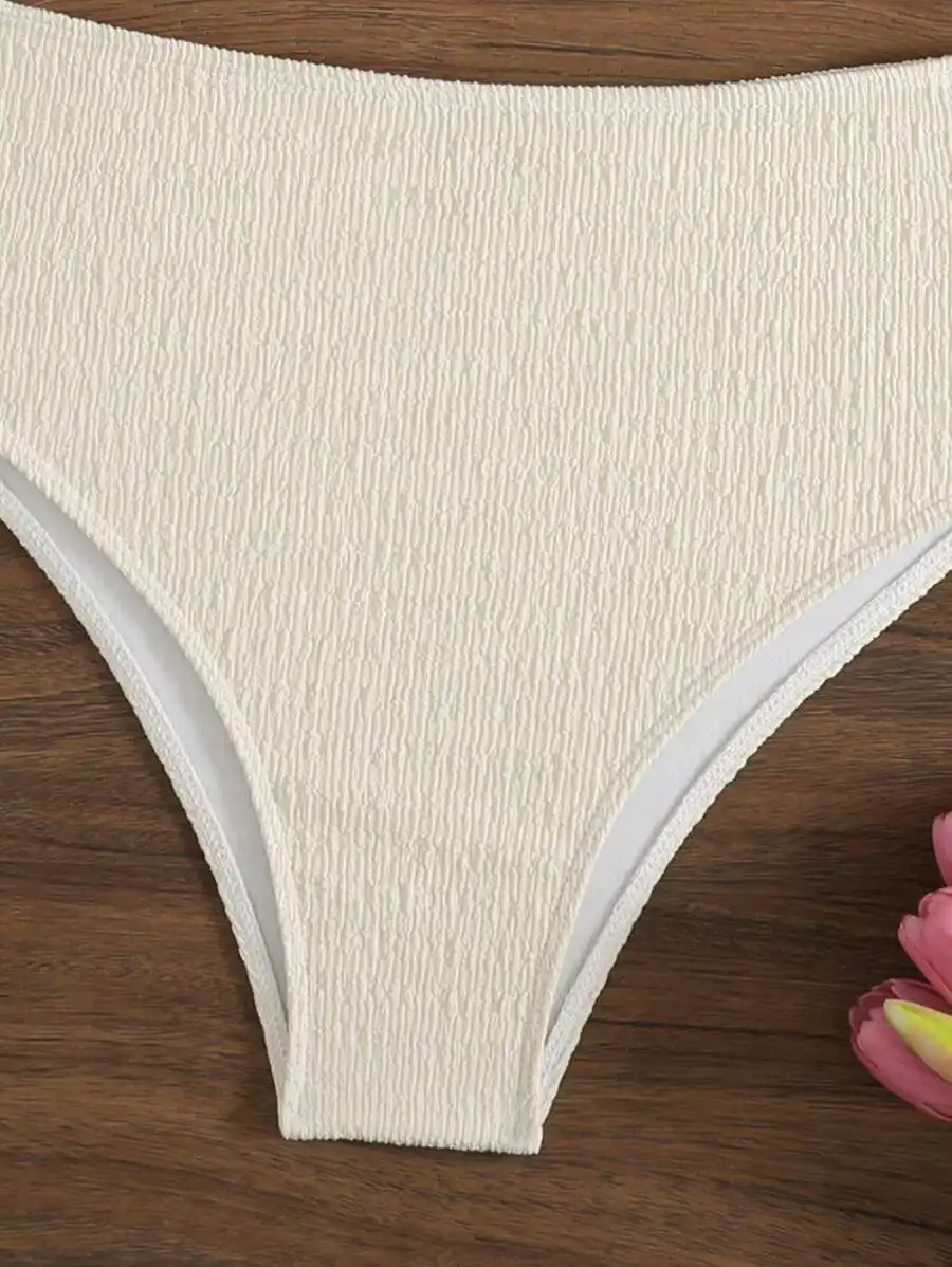 

Cream Textured High-Waist Bikini Bottom With Ring Accent For Beach Vacation Swimwear