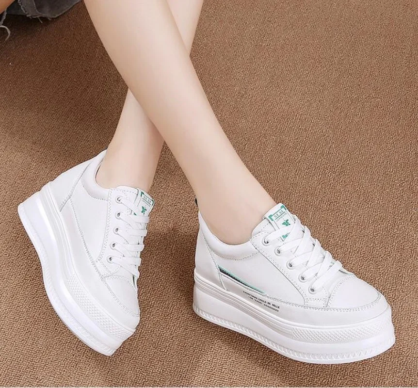 New 7cm GENUINE LEATHER Women Casual Shoes White Platform Wedge Hidden Heel Shoes White Shoes Chunky Sneakers Skateboard