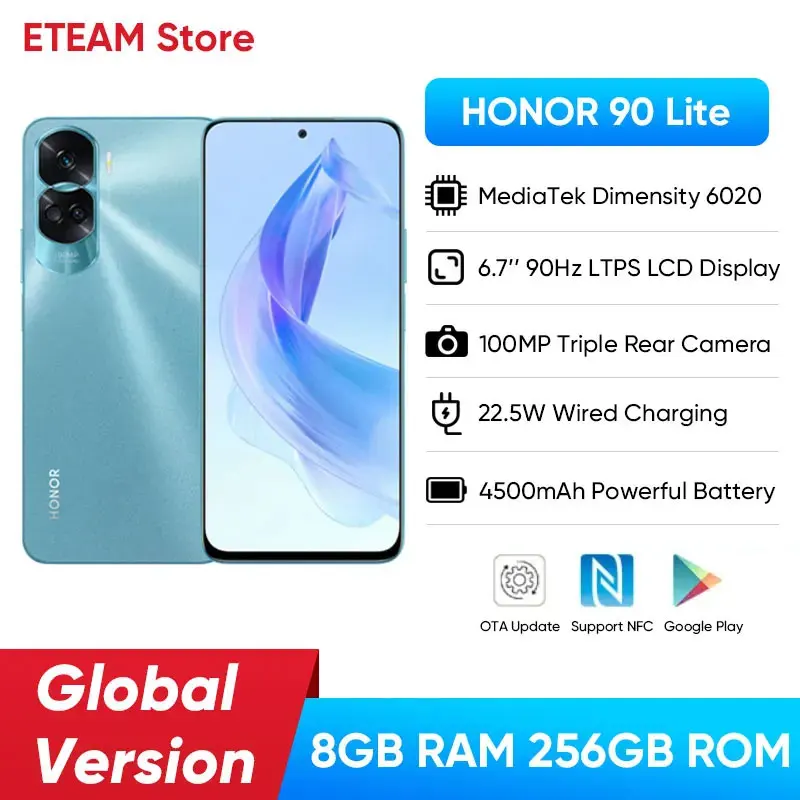 

HONOR 90 Lite 5G Global Version MediaTek Dimensity 6020 100MP Triple Camera 8GB+256GB 6.7” 90Hz Display 4500mAh Dual SIM Android