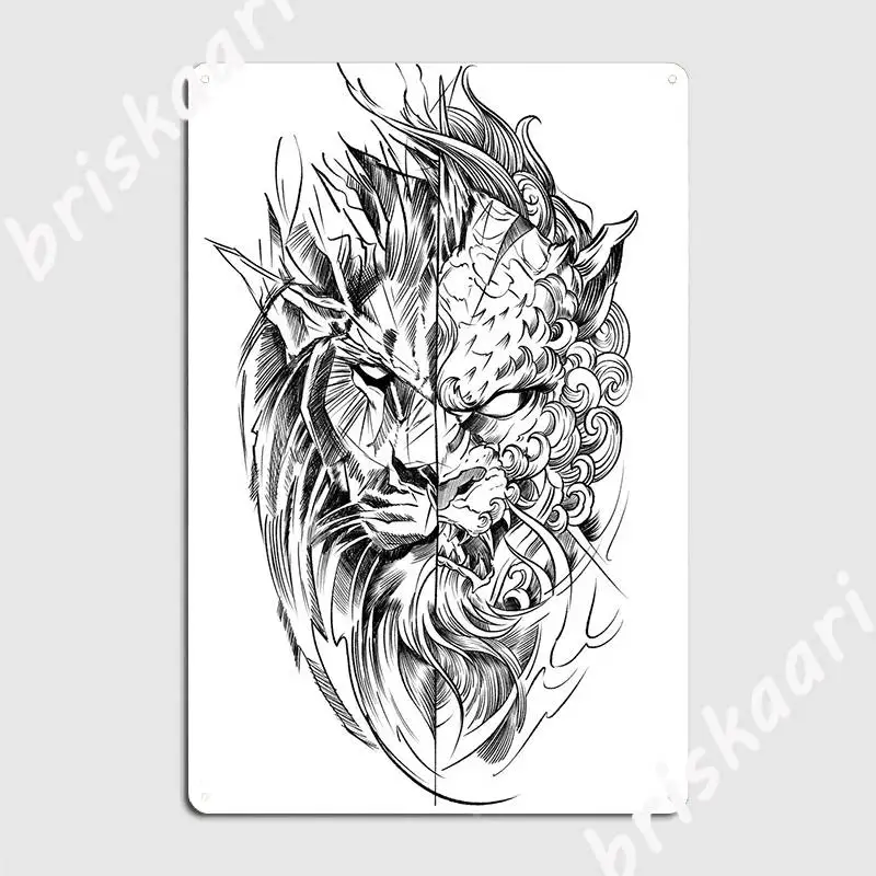 Lion Fudog Sketch Pencil Metal Sign Design Home Wall Pub Garage Decoration Tin Sign Posters