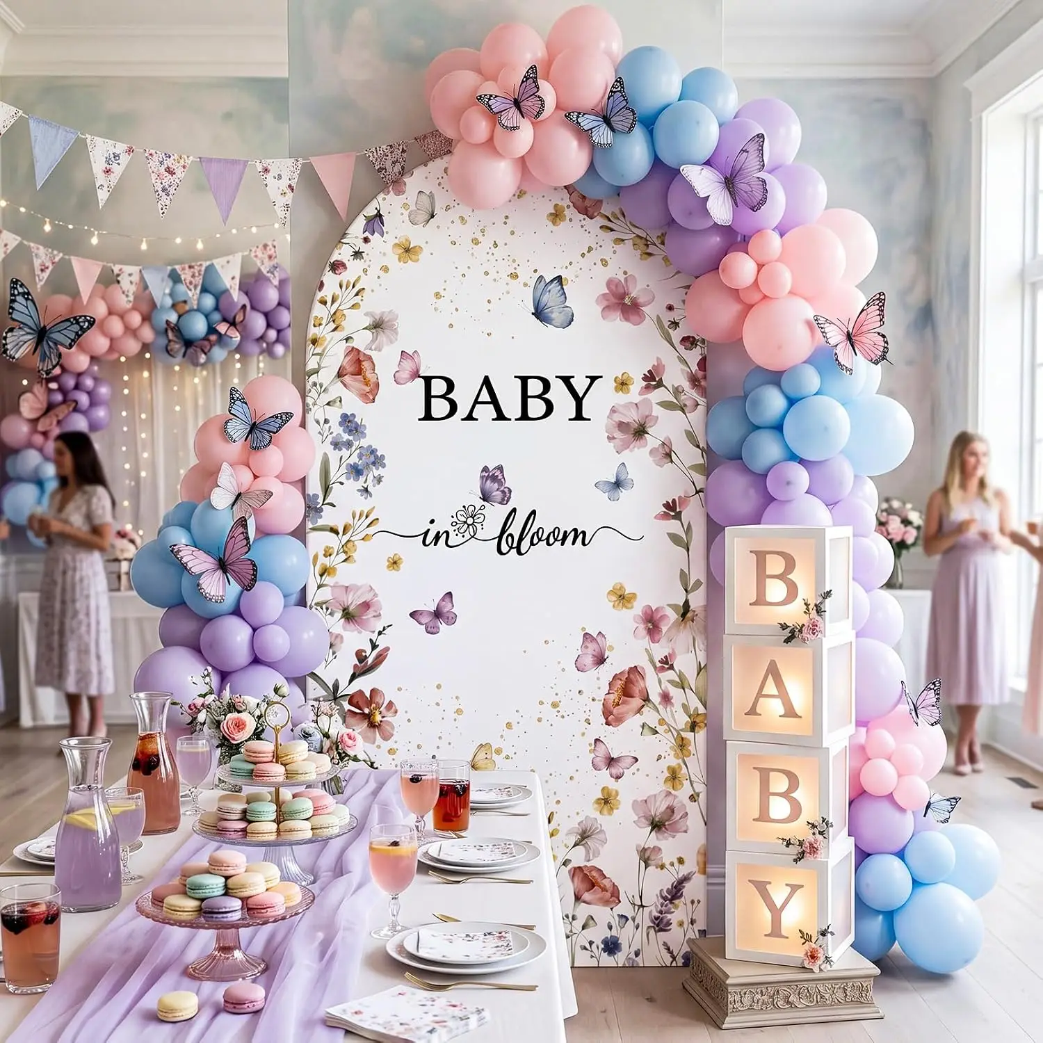 2-sided Baby in Bloom Arch Backdrop Cover Wildflower Butterflies Baby Shower Background Newborn Girl Gender Reveal Party Props