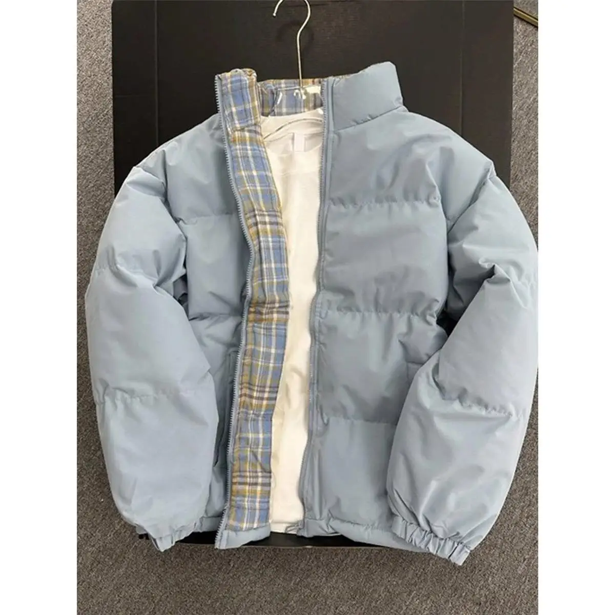 collar padded cotton clothes men's autumn and winter plaid splicing bread clothes trendy brand cotton-padded clothes jacket