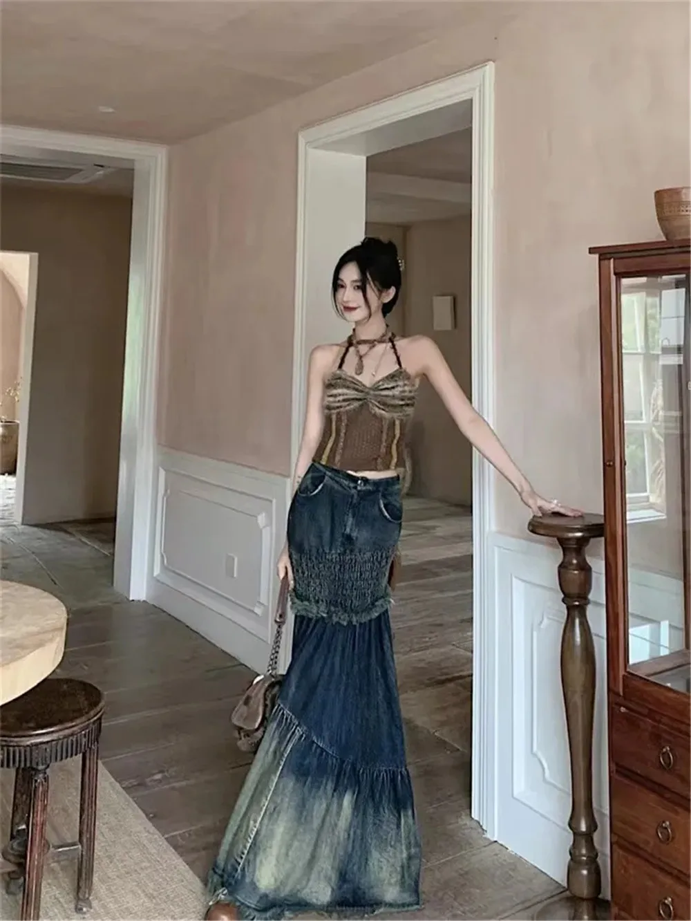 Formal DressestrendPatchwork Denim Skirt Women'S High-Waisted Wasteland Fashion Trend Sexy Slimming Fringe Fishtail Tie-Dye Dres