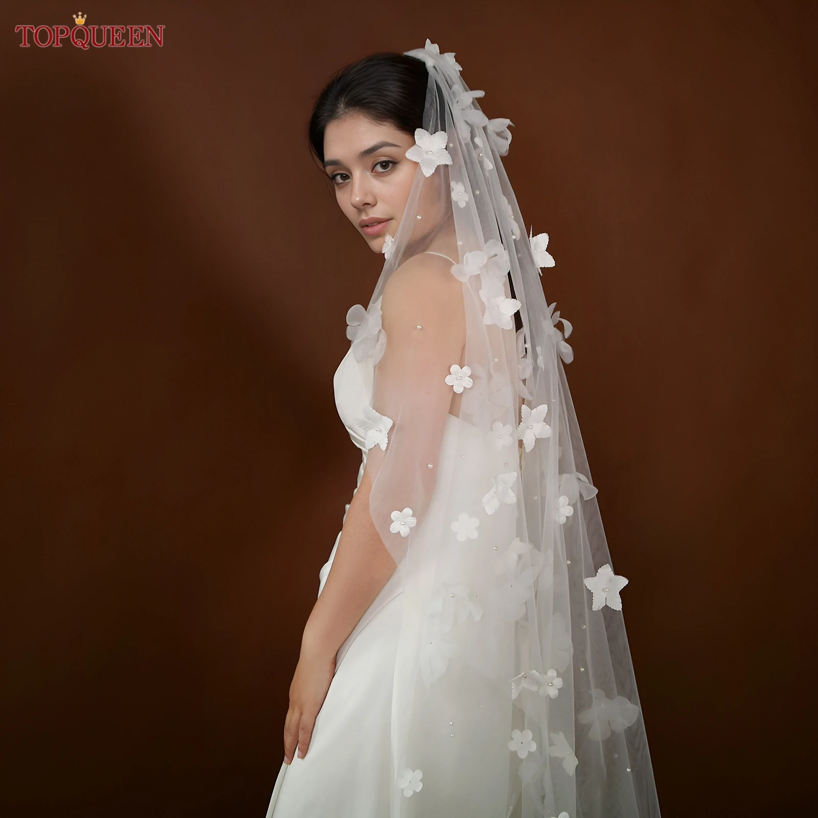 TOPQUEEN الزفاف الحجاب الزفاف ثلاثية الأبعاد زهرة الحجاب اللؤلؤ زين لينة كاتدرائية طبقة واحدة اكسسوارات الزفاف للتخصيص V243