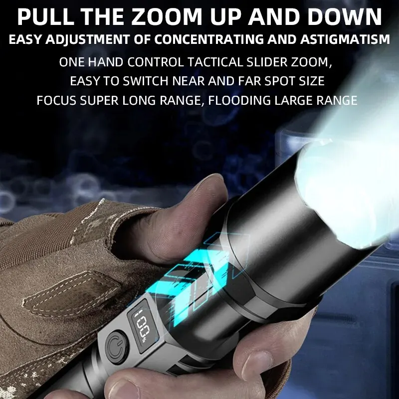 

High Power XHP100 Led Flashlight Rechargeable Retractable Flashlight Digital Zoom USB Hand Light For Camping Outdoor And Emerge