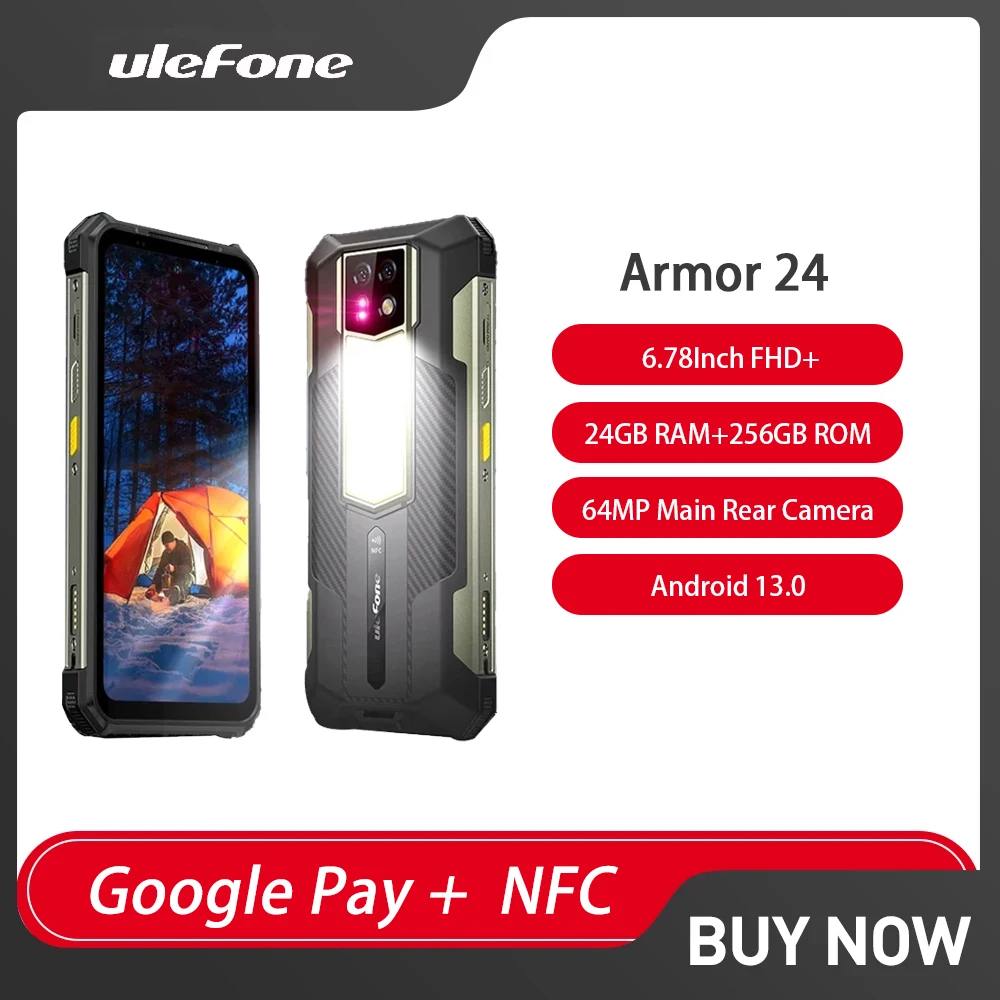 

Ulefone Armor 24 Global Version 22000mAh 24GB+256GB Rugged Smartphone Android 13 6.78 Inch 120Hz 64MP NFC Cell Phone On Sale