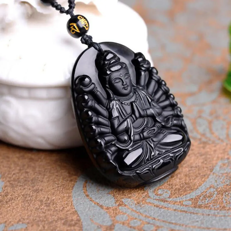 Obsidian Thousand-Armed Avalokitesvara Buddha Pendant Natural Jade Men and Women Avalokitesvara Ornaments Buddhist Amulets