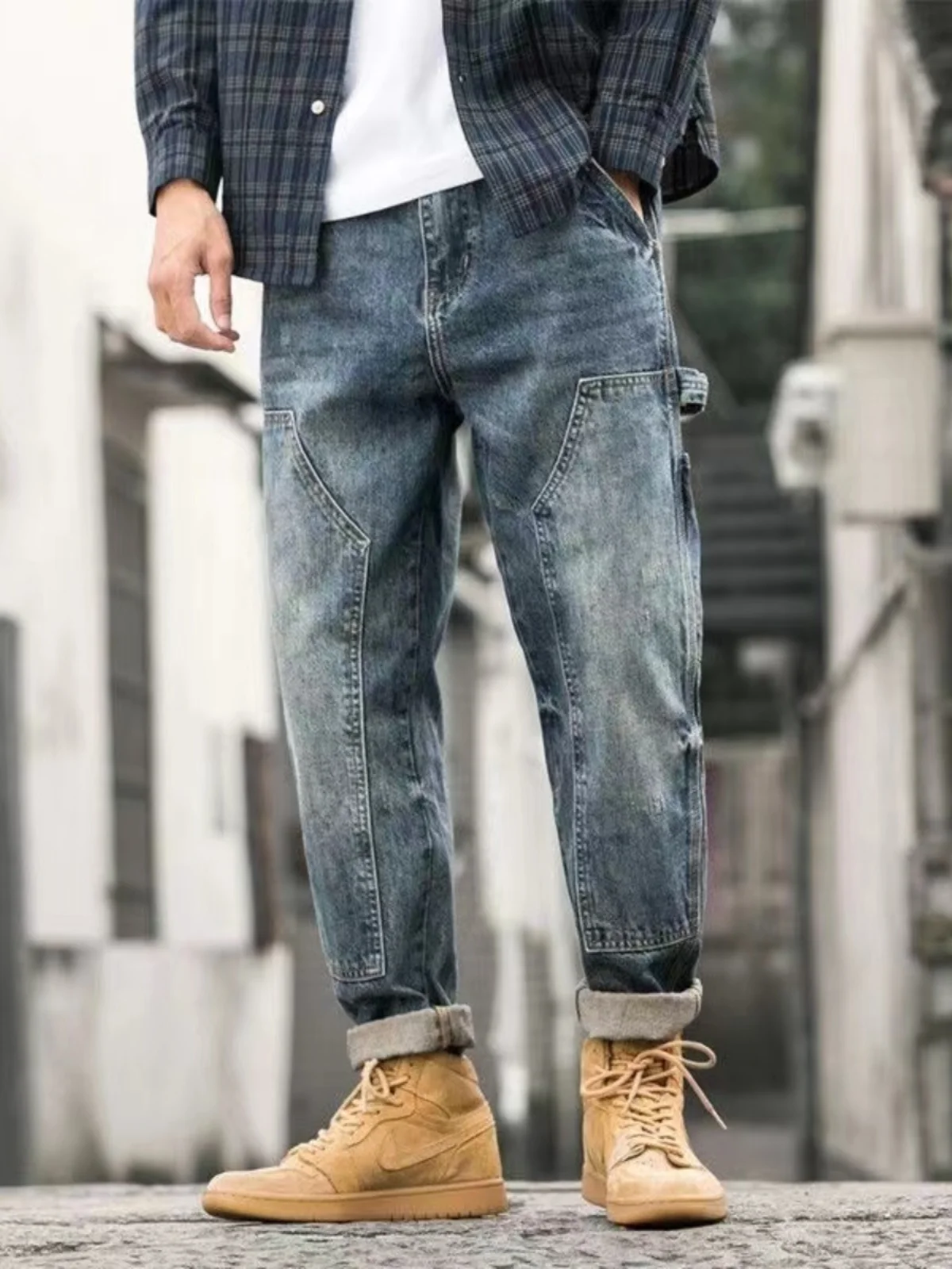 

Мужские рабочие джинсы в американском ретро-стиле, прямые, свободного кроя, повседневные длинные брюки, брюки-харлан, осень-зима, новинка