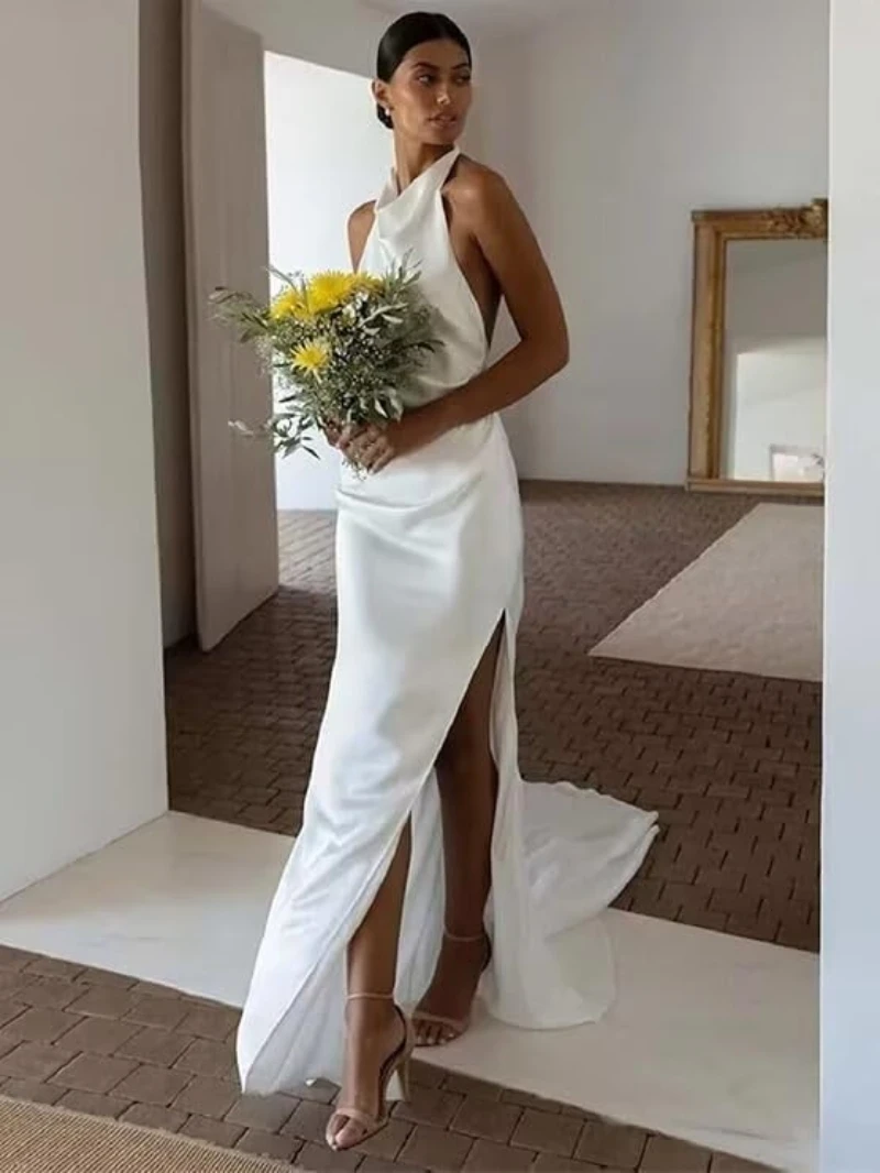 

Halter Mermaid Wedding Dresses for Bride Women Satin Backless High Slit Bridal Gowns with Train