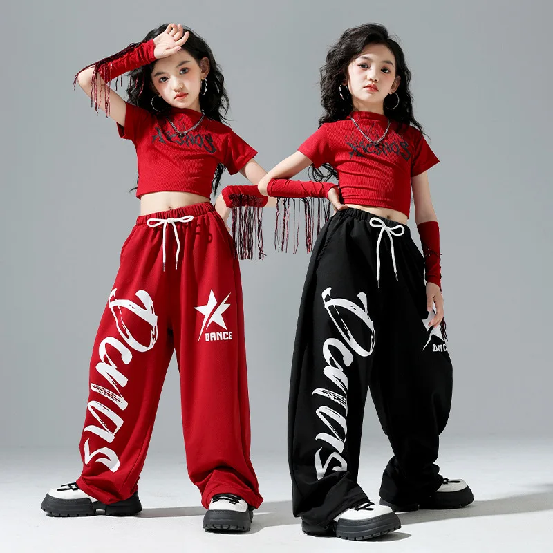 

Kid Kpop Hip Hop Clothing Red Mock Neck Crop Top T Shirt Sleeves Casual Sweat Pants for Girls Jazz Dance Wear Costumes Clothes