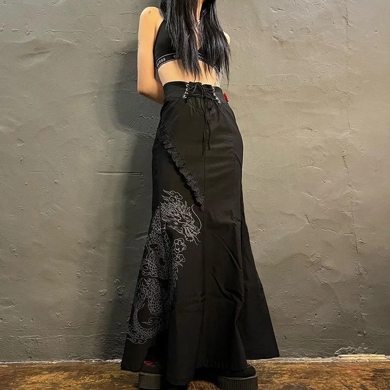 Women's Goth Dark Chinese Dragon Print High Waist Lace-up Detail Lace Trim Mermaid Maxi Skirt Gothic Long Skirts