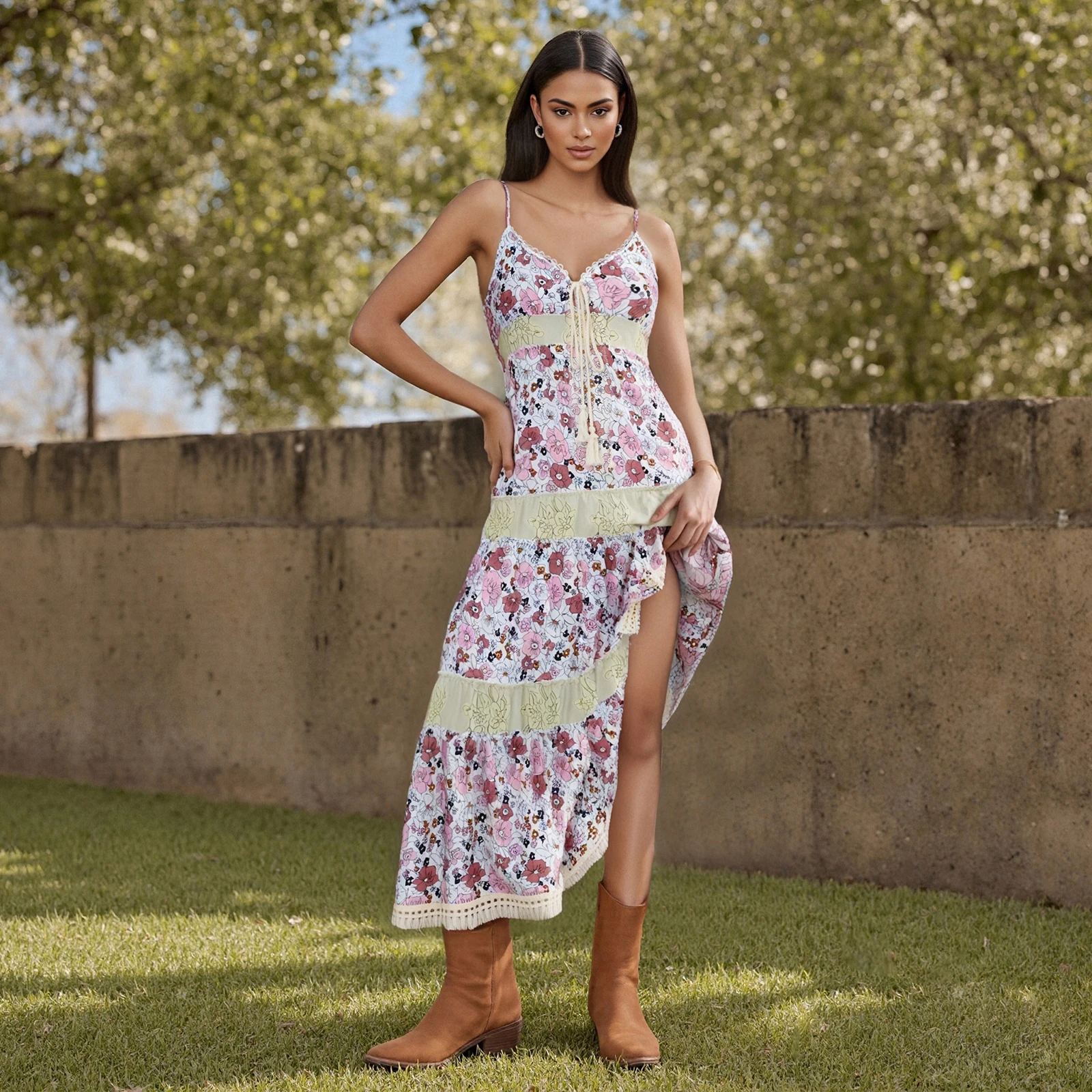 Women Floral Long Cami Dress Tie-up Tassel Deep V Neck Spaghetti Strap Backless Tiered Dress for Daily Party