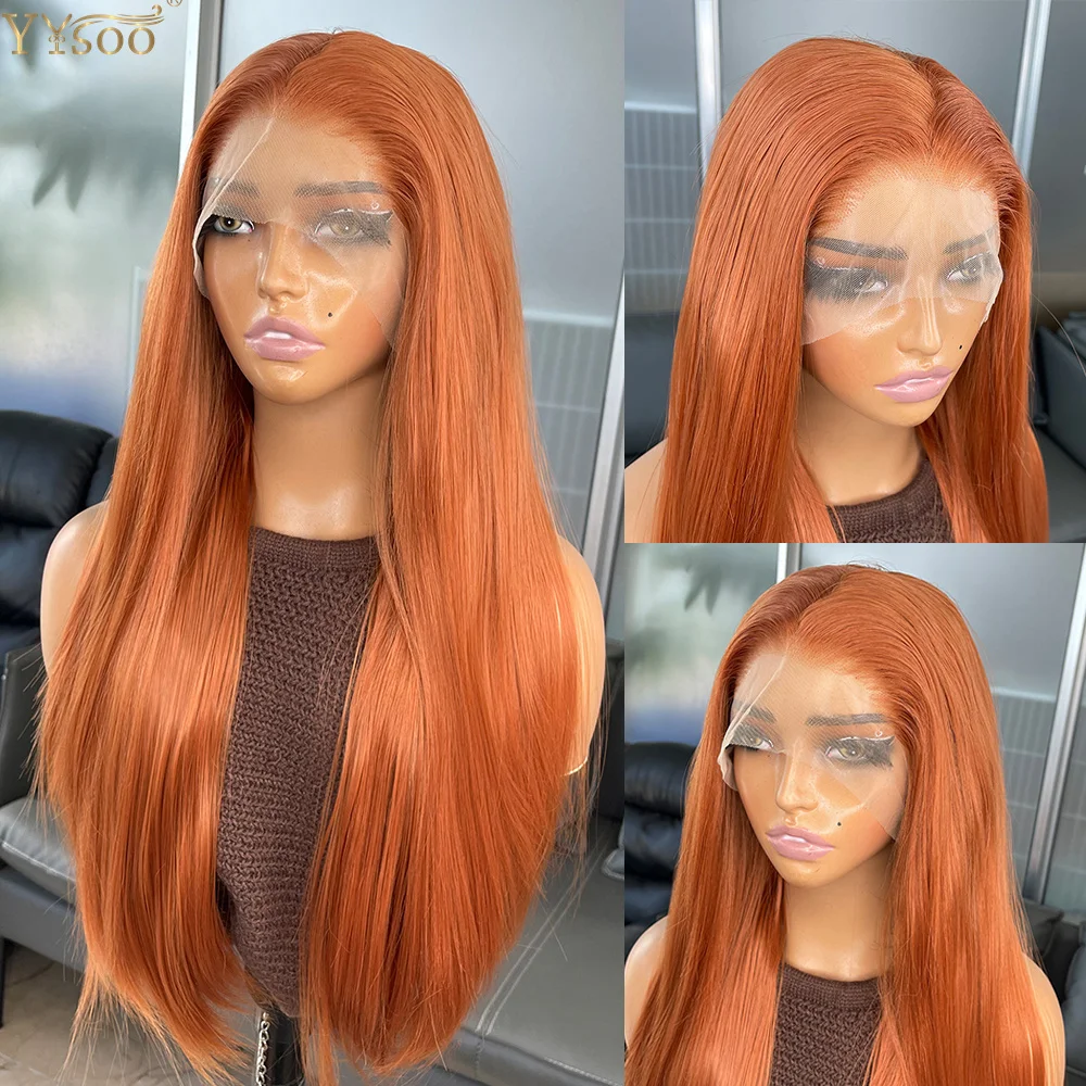 

Длинный термостойкий синтетический парик спереди 13x4, оранжевый цвет, натуральные прямые волосы, предварительно выщипанные волосы, полузавязанный вручную парик
