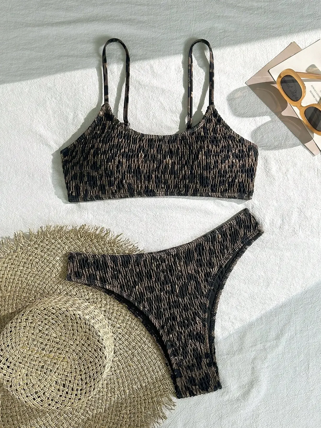 

Ruched Halter Triangle Bikini Set Animal Print Beach Swimwear
