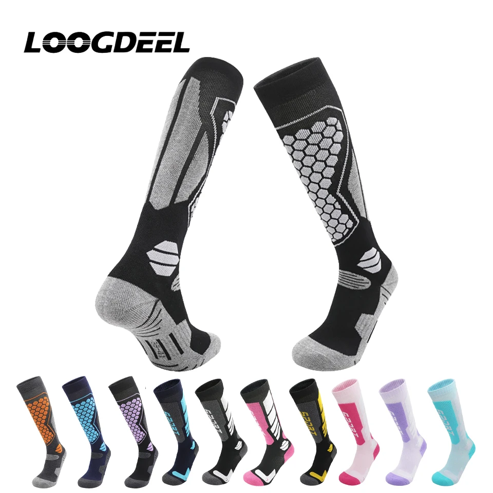 LOOGDEEL الشتاء في الهواء الطلق عالية أنبوب جوارب رياضية سميكة الحرارية امتصاص العرق جوارب طويلة إلى الركب للجنسين جوارب تزلج دافئة المضادة للانزلاق