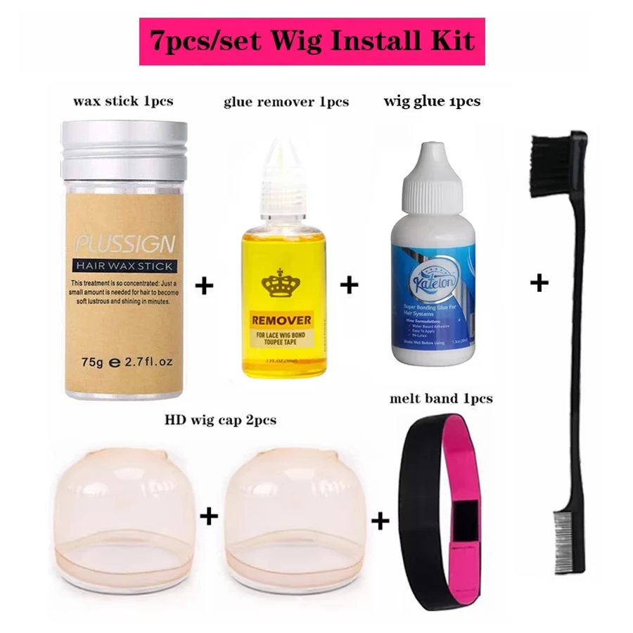 

7Pcs/Set HD Wig Installation Kit with White Wig Glue Remover Lace Front Hair Wax Stick Lace Melting Band Edge Brush Wig Caps