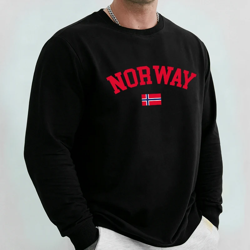Norway Text With Flag Print Sweatshirt Mans Trendy Casual Pullovers Fleece Loose O-Neck Tee Autumn Unisex All-Match Tracksuit