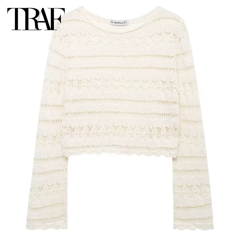 TRAF Summer Knitwear Sweaters For Women Ladies Sweater Long Sleeve Round Neck Hole-Knit Sweaters Woman 2024 Trend Trip Pullovers