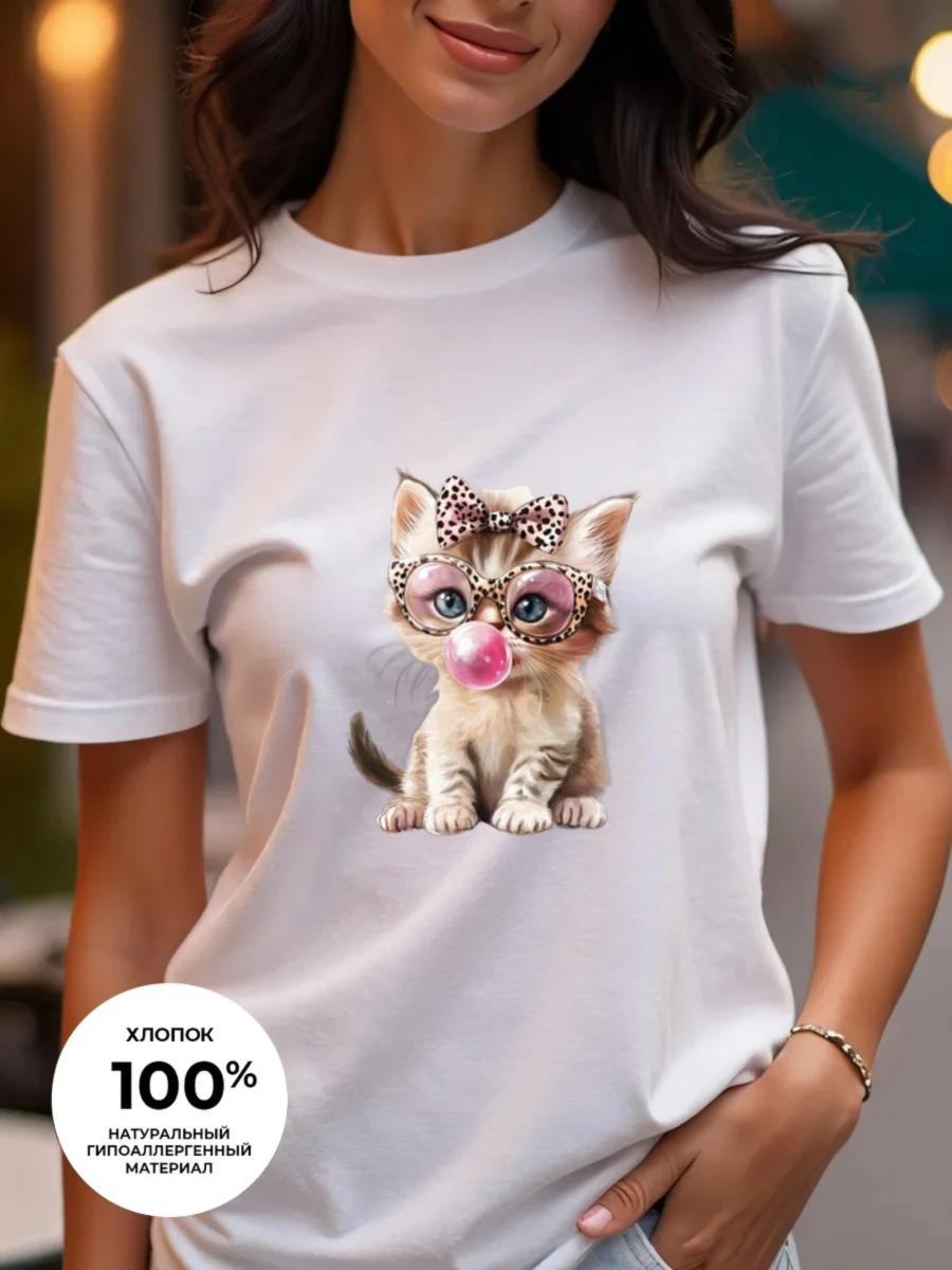 Animals with human-like features cartoon print, round-neck short-sleeved women's top, pure cotton T-shirt top, casual top