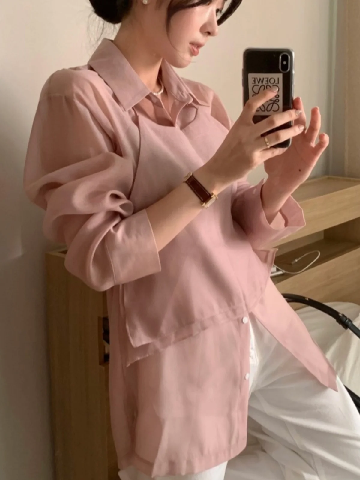 

French Sle Textured irt Women's Korean Lazy Sle Two-Piece Set Collar Layering Design Long Sve Pure Color Button up