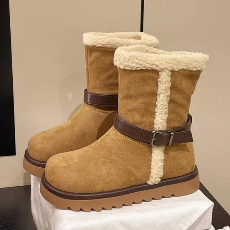 

Модные женские зимние ботинки на меху на плоской подошве, замшевая теплая обувь для женщин, повседневные зимние ботильоны, новинка 2025 года, короткие плюшевые Mujer, хлопковые ботинки