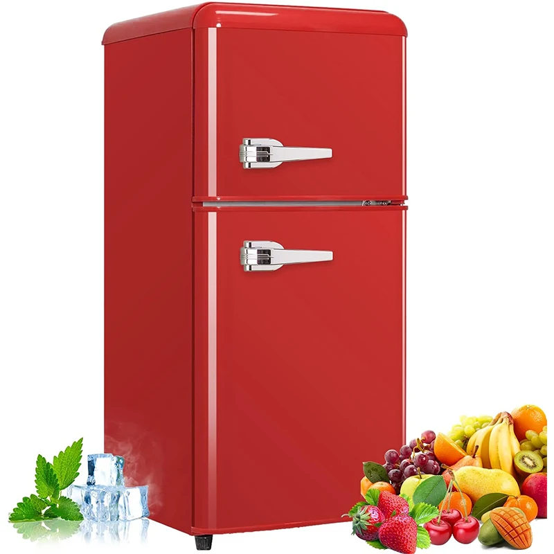 Refrigerador compacto de 3,2 pies cúbicos, mini refrigerador rojo de 2 puertas con congelador, enfriador de bebidas pequeño de diseño retro para el hogar, la oficina