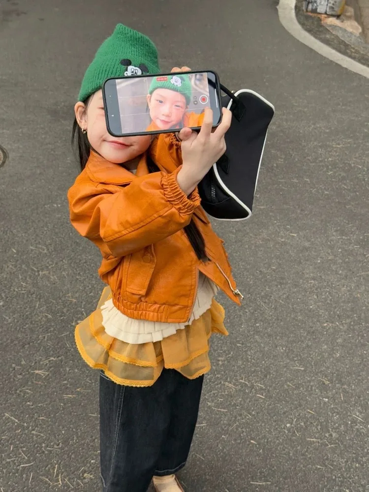 

Children's Motorcycle Leather Jacket Autumn Outfit2025New Fashionable Stylish Baby Girl Short Yellow Jacket Top