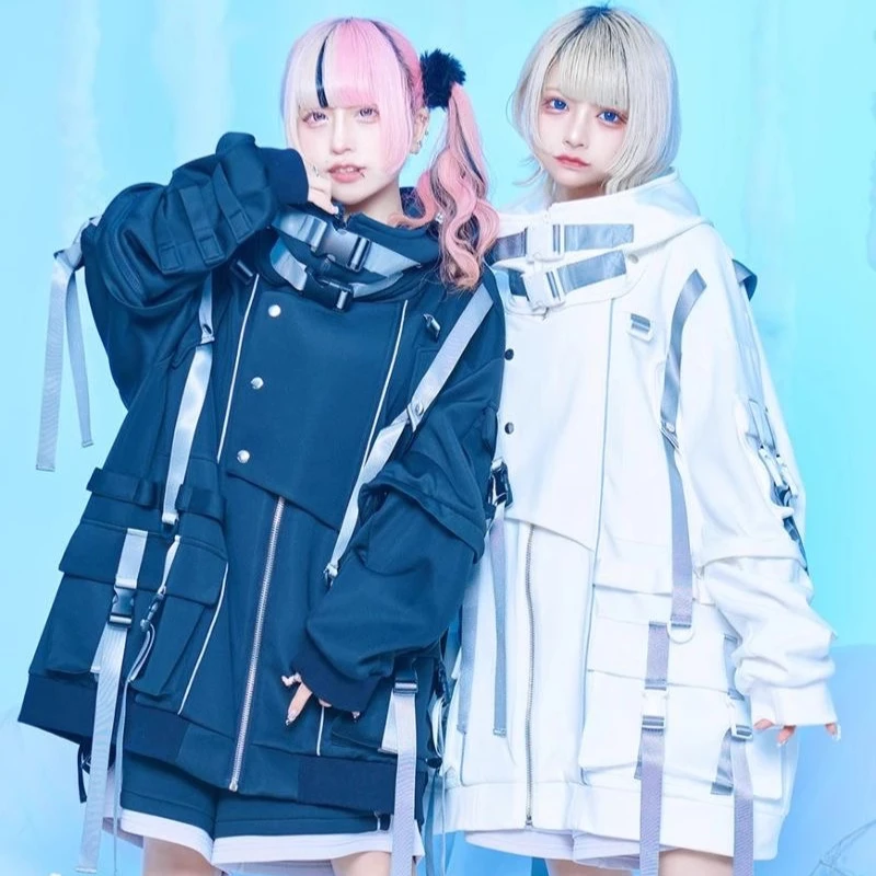 Japan Style Colorblock Hooded Coats New Spring Autumn Harajuku Ribbon Buckle Zip Cardigans Coat Mid-long Loose Jacket Y2k