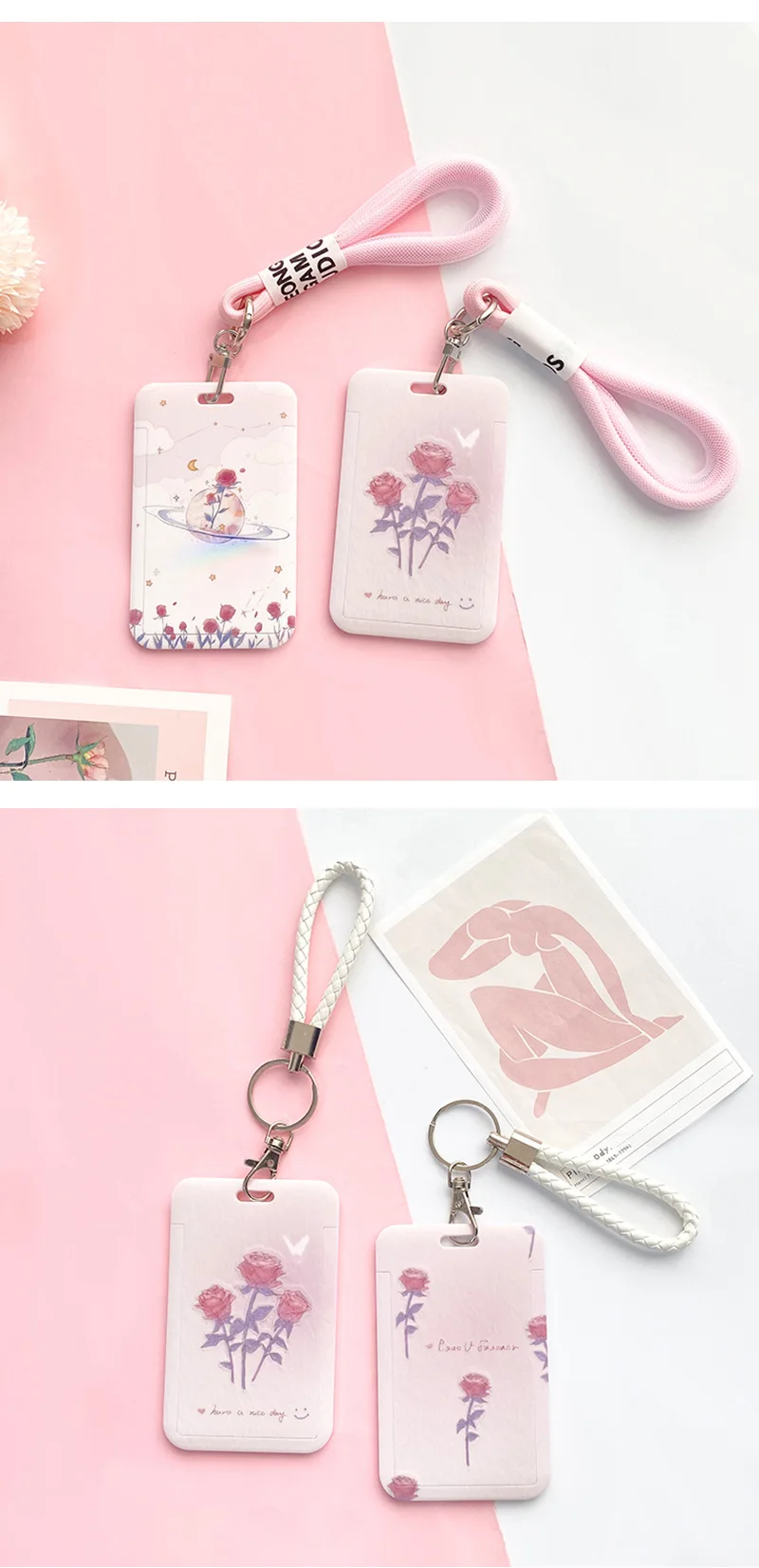 1 Stück rosa Rose Blume Kartenhalter Campus Student ID Karte Zugangskontrollkarte Schutzhülle ABS Kunststoff Kartenhülle – Detail 8