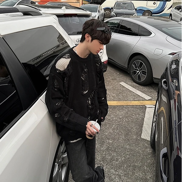 

Вязаный свитер оверсайз с капюшоном в стиле пэчворк, дизайн с отверстиями, ленивый топ высокого класса для осени и зимы, полиэфирное волокно