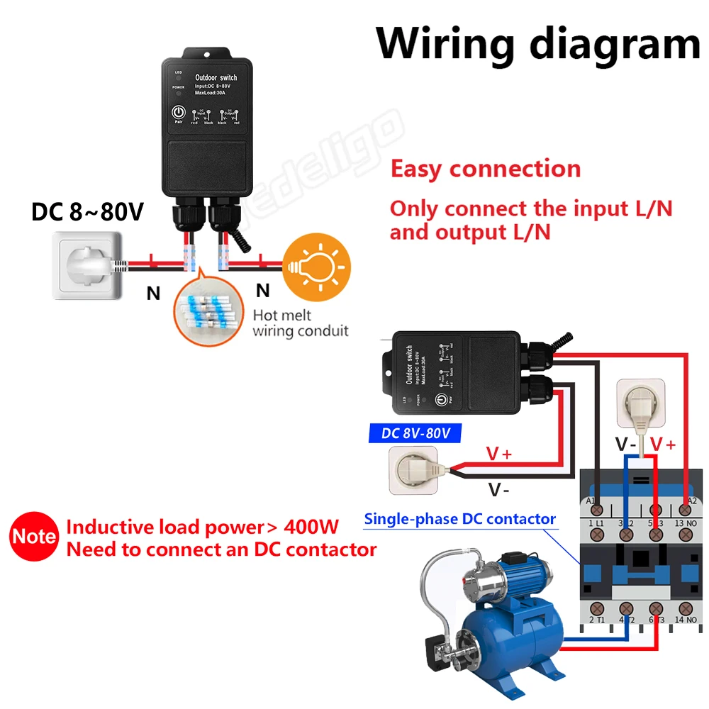 Wireless Remote Control Switch 433MHz DC12V 24V 36V 48V 30A 1CH Waterproof Receiver with Transmitter for Pump,Motor,Lights