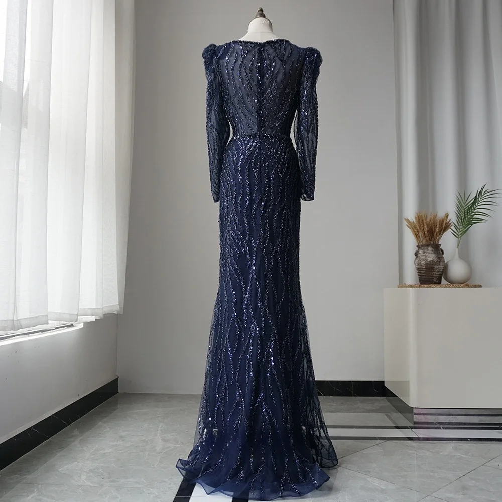 Hot Sale Muslim Blue Elegant Mermaid Beaded Arabic Luxury Evening Dresses Gowns 2023 For Women Wedding Party LA71931 Best Price