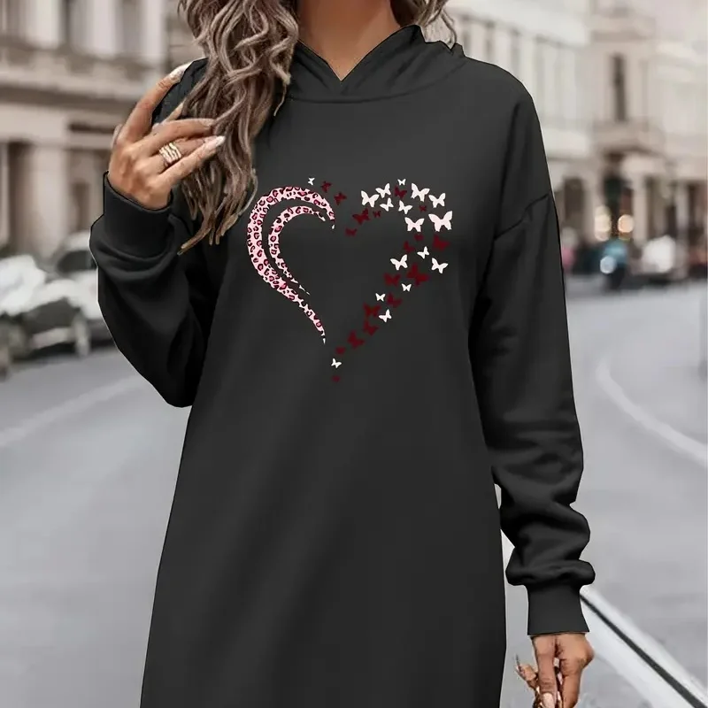 Autumn 2025 women's floral patterned hoodie dress - beige, featuring pink and blue floral prints, with a flowing long skirt