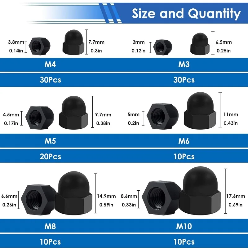 110Pcs Hex Acorn Cap Nuts Assortment Kit  Nylon Screw Covers M3/ M4/ M5/M6/M8/M10 Bolt Cover Caps for Protection Indoor Outdoor