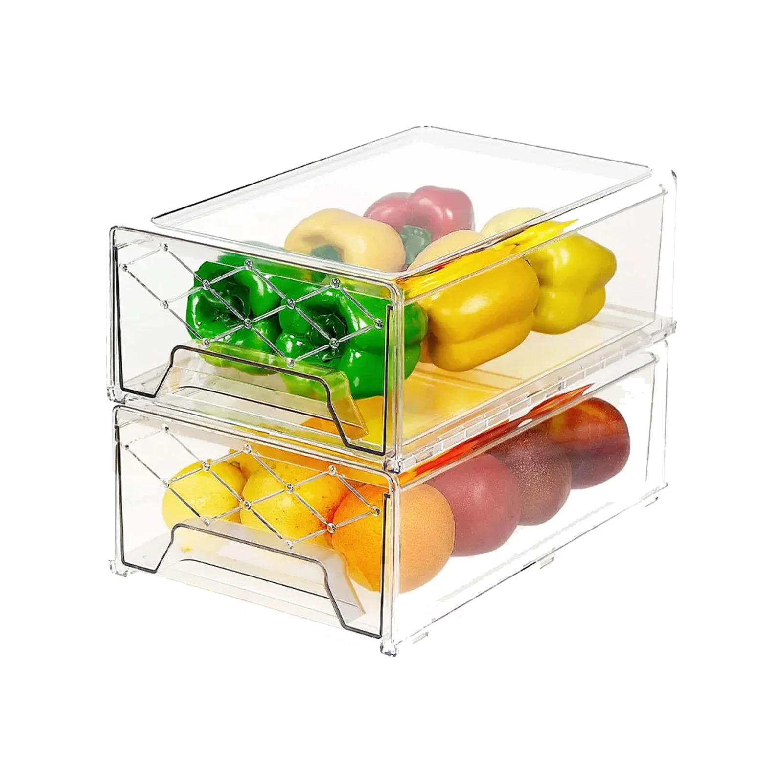 Refrigerator Organizer Bins with Pull-out Drawer,Plastic Stackable Drawer Container Removable Drain Tray,Cabinet,Kitchen,Pantry