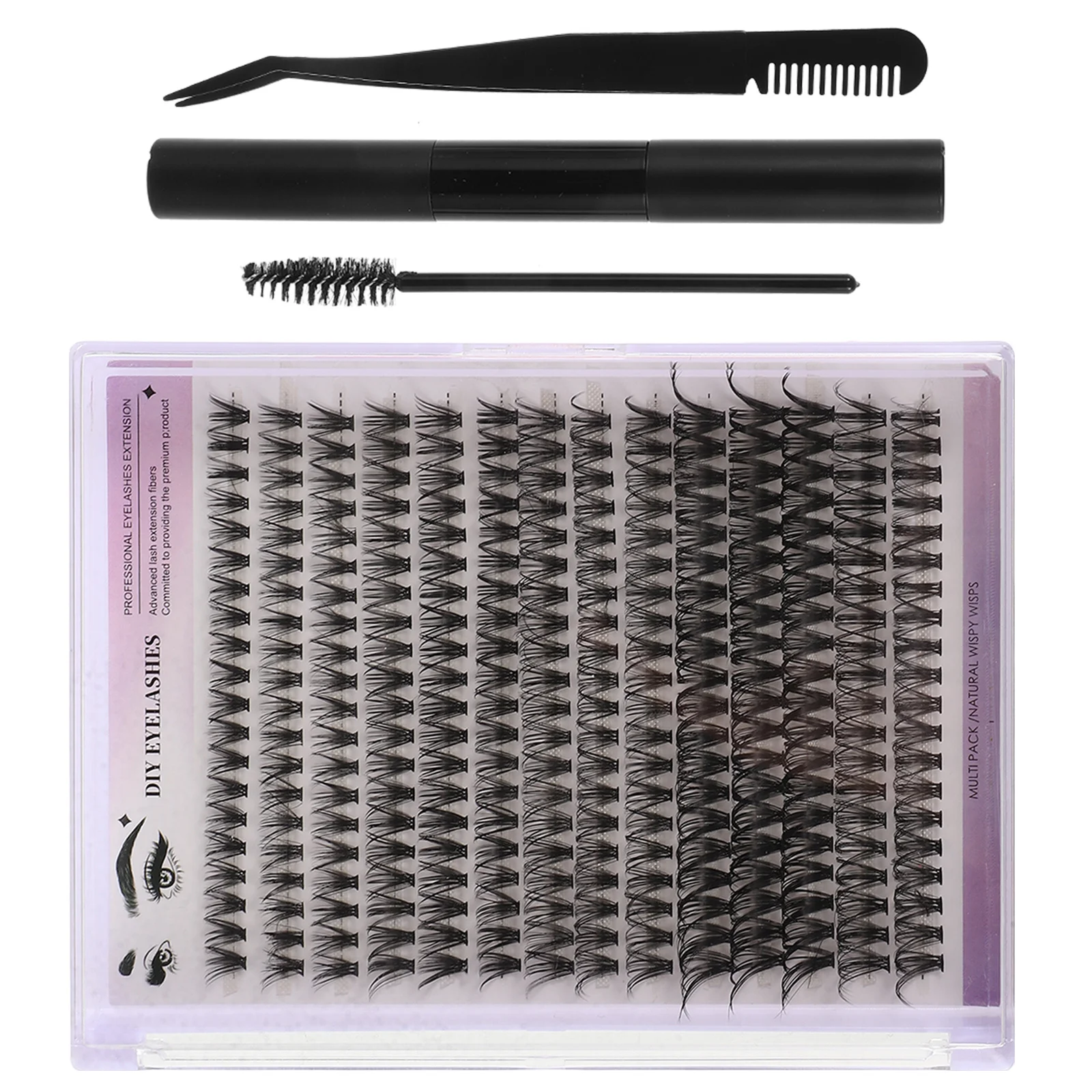 1 Set False Eyelash Cluster Kit Lash Bond Seal Diy Extension Tools Adhesive Tweezers Self Application Portable Home Use Black