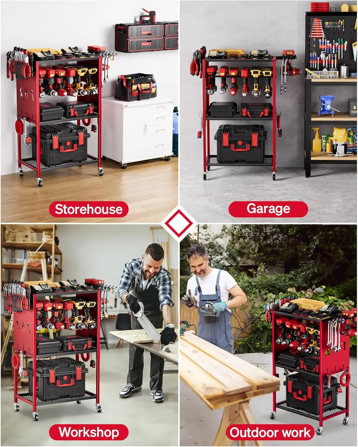 Organizador de ferramentas elétricas com rodas, Garage Power Tools Storage Cart, Grande Rolling Drill Holder, Armazenamento de bateria sem fio