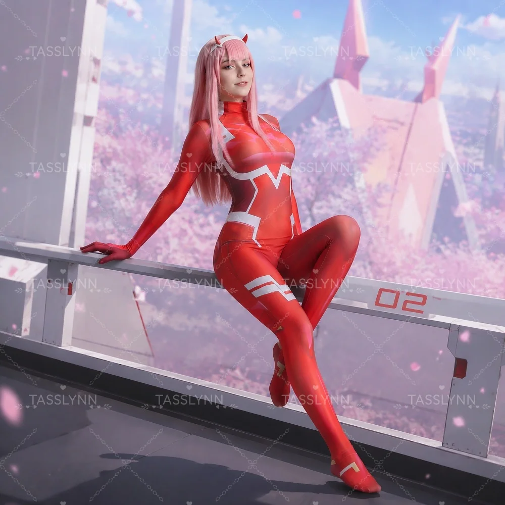 Sexy Zero Two Cosplay Zentai Bodysuit Anime Full Body Costume  for Comic Con Halloween Photoshoot 02 Red Printed Jumpsuit