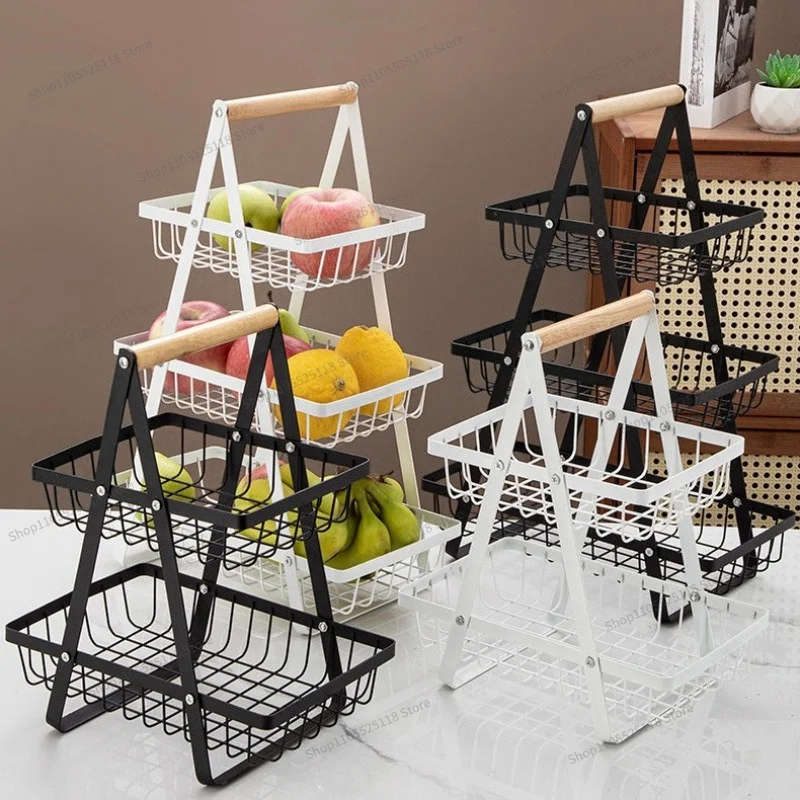 For Wooden Hand Basket, Wrought Iron, Multi-functional Fruit Basket, Kitchen Multi-layer Storage Rack