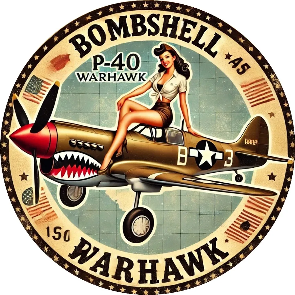 Vintage Retro Bombshell P-40 Warhawk HD Print Metal Tin Sign – Featuring Classic WWII Pin-Up Girl on Shark-Mouth Fighter Plane,